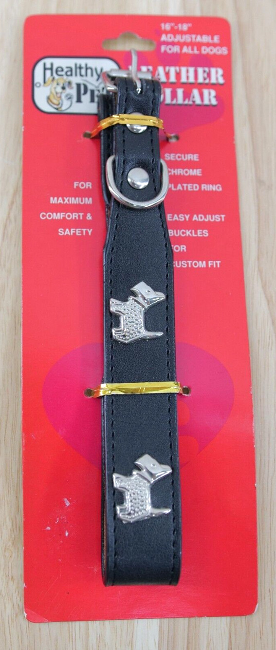 Leather Dog Collars Black 16" 18" Long – with attached Terrier Dog